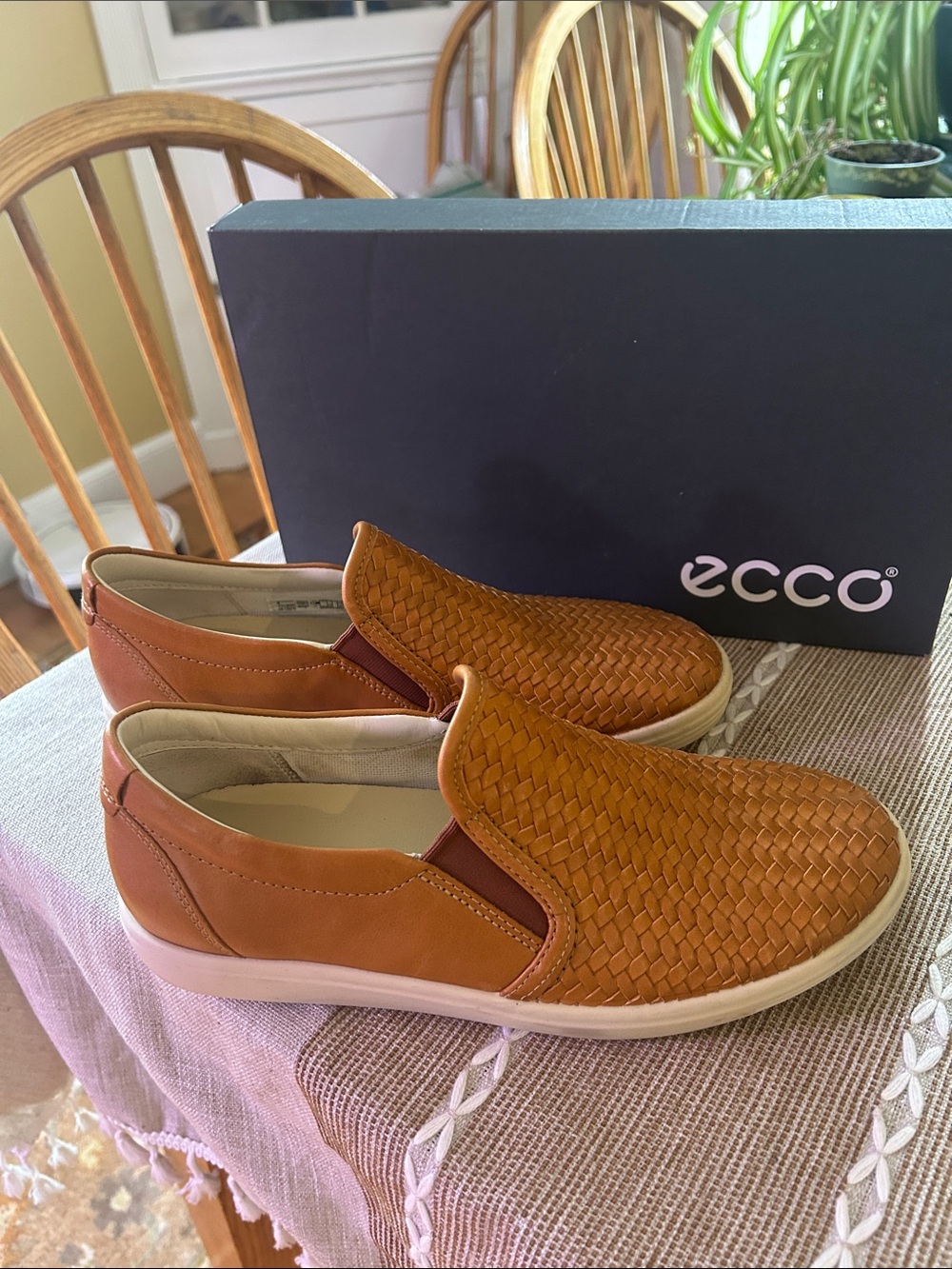 Ecco Women's Slip-On Woven Moccasins in Cognac Brown